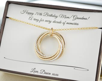 70th Birthday gift for mom and grand mom, 7 Mixed metals interlocking rings, 7th Anniversary gift for her, 70th Birthday gift for women