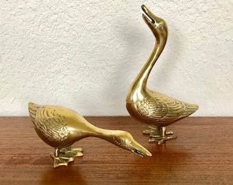Large Pair Of Brass Geese Figurines