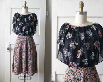 Vintage 1970s Floral Sun Dress / 70s Black & Multicolor Floral Print Dress / Bridget Dress