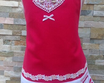 Girls cotton apron pink and white, original girl apron, adjustable ties, apron with lace
