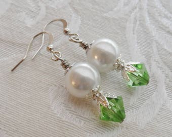 50% Off Clearance Sale, Dew Drop, Swarovski Crystal Earrings, Vintage Faux Pearl, Spring Green with Silver Finish