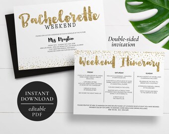 Printable Bachelorette Weekend Invitation | Editable PDF | Hens Weekend | Hens Party | Gold Glitter | Itinerary Invitation | Gold Invitation