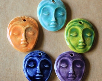 5 Handmade Ceramic Pendants - Face Beads - Meditation Goddess Focal Pendants for Yoga Jewelry, malas and meditation Supplies