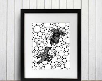 Dance of The Goldfish - Aquarium Inspired Ink Drawing - Art Print