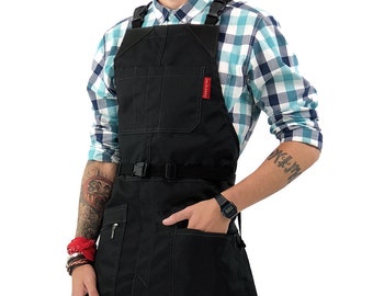 Barber Chemical Waterproof Apron - Cross-Back Black Nylon - Zipped Pockets- Split-Leg