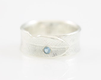 Overlapping Bodhi Leaf Ring with Flush Set Aquamarine, sterling silver, silver leaf, leaf jewelry, botanical, unique rings,tarnish resistant