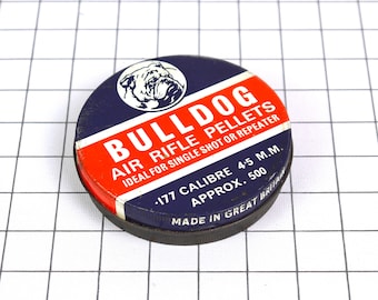Tin box, round blue red Bull Dog Air Rifle Pellets tin box, collectible tin box, lithographed tin box, hunt pellets tin box, metallic box