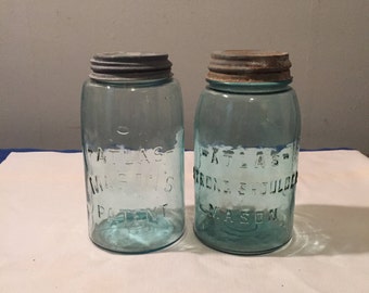 Two Very Old Light Aqua Canning Jars - Atlas Masons and Atlas Strong Shoulder - Zinc Tops
