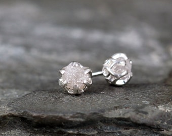 1 Carat Raw Diamond Earrings - Sterling Silver Filigree Inspired - Stud Earring - April Birthstone - Uncut Gemstone - Conflict Free Diamonds