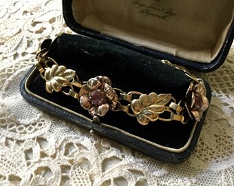 Vintage ART DECO Design Sterling BRACELET-c1930-signed - flower Amethyst-rose gold - Sterling 1 / 20 12K - crafted vintage - Splendid!