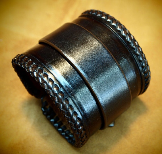 Black Leather Cuff bracelet hand made, Kangaroo lace braided edge made for YOU in USA by Freddie Matara!