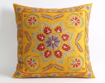 yellow suzani throw pillows, embroidery pillow, designer pillows, cushion, home decor, silk pillow, pillowcase, silk embroidery, yellow silk