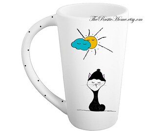 Sweater kitty cat mug pottery coffee mug tea latte tall mug 16 ounces made to order personalize or not kitty in beanie clouds sunshine cat