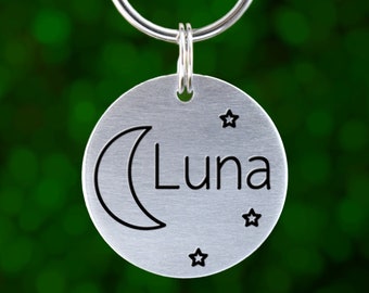 Personalized Pet Name Tag (Aluminum: Moon & Stars)