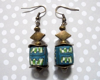 Teal, Green and Ivory Ethnic Boho Earrings (3189)