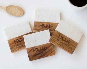 Marble and wood Engraved Coaster Set, Marble Coasters, Engraved Coasters, Personalized Coaster Set, Housewarming Gift, Custom Wedding Gift