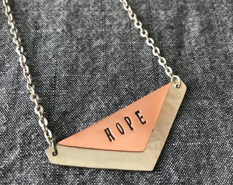 HOPE triangle necklace. Rustic, hammered, hand stamped, inspirational jewelry, gifts for her, inspirational gift, graduation gift, grad gift