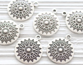 2pc silver tribal pendant, silver spiral pendant, earring components, rustic boho silver pendant, hammered pendant, silver findings, round