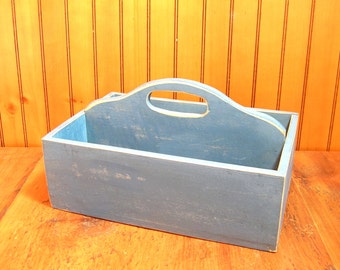 Wood Tote Box, Blue Tote Box, Vintage Tote Box