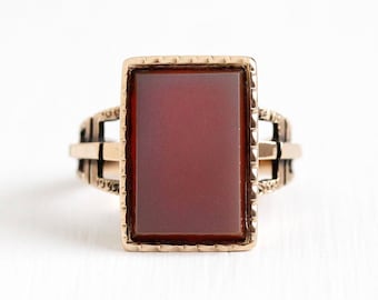 Sale - Victorian Sardonyx Ring - Antique 10k Rosy Yellow Gold Vintage 1890s Size 7 1/4 - Banded White Red Rectangular Statement Fine Jewelry