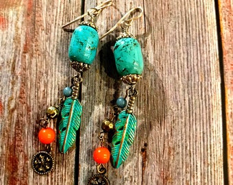 Turquoise and feather charm earrings