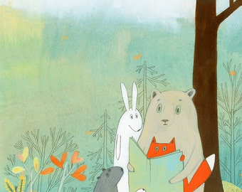 Story Time on the Mountain - Signed Art Print(Animals Reading a book)
