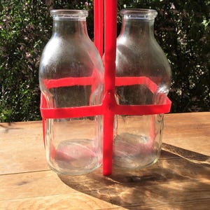 Two Half Gallon Glass Milk Bottles with Red Plastic Carrier~Glass Milk Jugs~