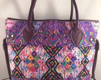 Guatemalan Purple Tote Bag, Hand Embroidered Guatemalan fabric and genuine leather