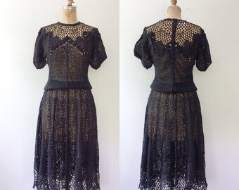 vintage crochet dress / black lace dress / Italo Crochet dress