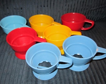 Set of 7 vintage colorful plastic Solo cozy cup holders and cups