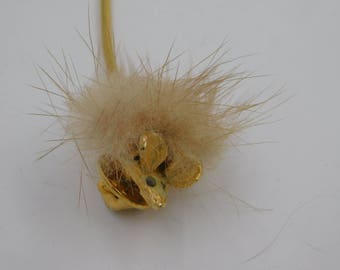 Vintage Gold Tone Mouse with Fur Body Tie Tac or Hat Pin with Swinging Tail dr64