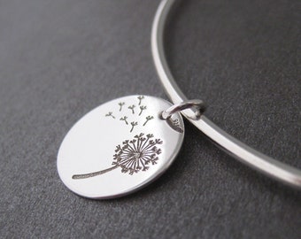 Thin Bangle Bracelet etched lozenge dandelion charm Silver 925/1000