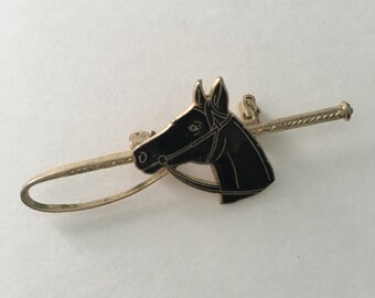 Black horse and silvertone riding crop brooch pin horsewoman costume jewelry 1970s vintage