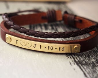 Personalized bracelet, customized bracelet, leather bracelet, Anniversary gift for him, Engraved bracelet, Brown leather bracelet boyfriend