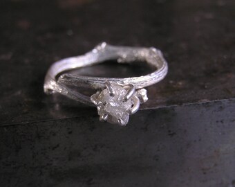 Raw Diamond Engagement Ring, Rough Diamond Ring in Sterling Silver Twig Ring, Unique Nature Inspired Engagement Ring. Uncut Diamond Ring