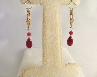 Longido ruby briolette gold filled leverback 1 3/8" total earrings gemstone handmade item 830