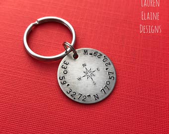 Custom Coordinates Keychain With Compass Rose- Hand Stamped Latitude Longitude Keychain
