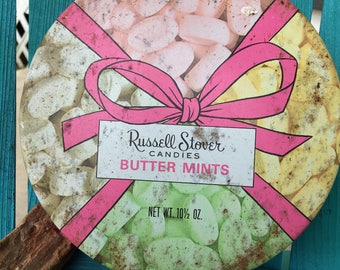 Russell Stover Candies 1980s Butter Mints Storage Tin ~ 6.5" Diameter Storage Tin