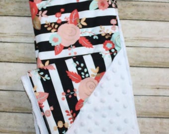 Baby Blanket- Floral Baby Blanket- Baby Girl Blanket- Minky Blanket-Monogram Blanket-Nursery Blanket-Girl Baby Blanket
