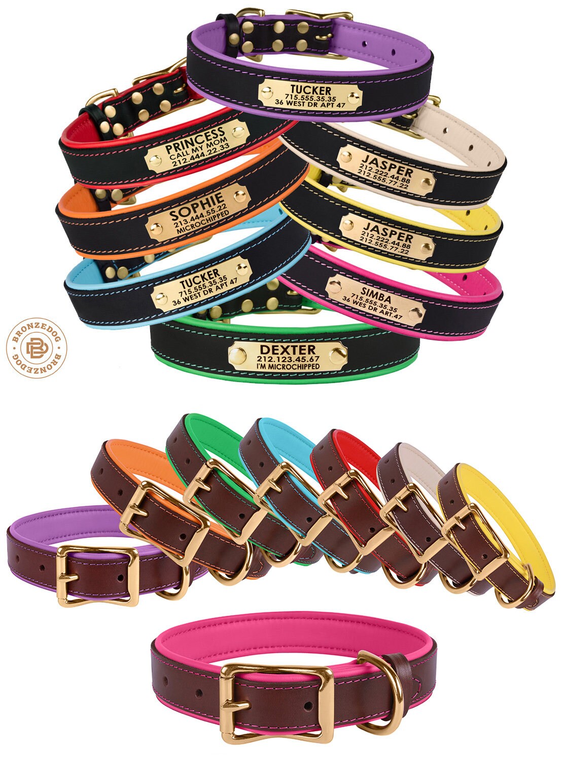 Personalized Dog Collar Leather Custom Engraved ID Tag