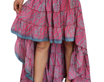 Pink Hippie Chic Recycled Silk Sari Hi Low Skirt Printed Flare Tiered Ruffle Flirty Summer Style Skirts