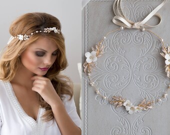 Bridal Vintage Headpiece Freshwater Pearls Hair vine with Pearls & Rhinestones in Ivory, Gold Wired Crystals Wedding Adornment