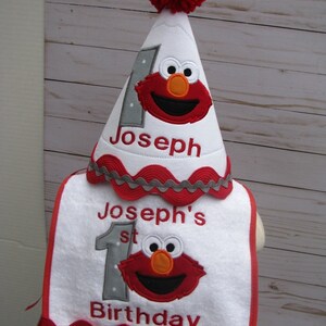 first birthday elmo hat and bib set free personalization, 2nd birthday party hat, smash cake hat, birthday hat