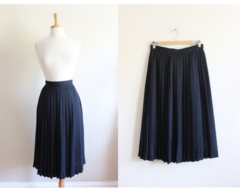 Vintage Black Knife Pleated Midi Skirt