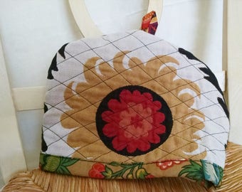 Handmade "Good Morning Sunshine" Reversible Tea Cozy Quilted Fabric Two Distinct Color Schemes Red Gold Cream Black Plus Multi-Green Cream