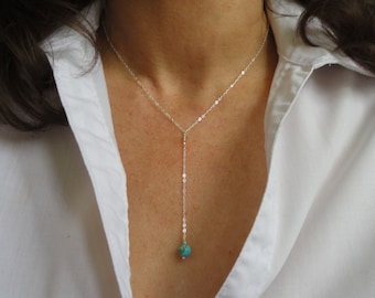 Sterling Silver lariat necklace, Sterling Silver lariat turquoise necklace, Gemstone lariat necklace, Silver necklace, Delicate necklace