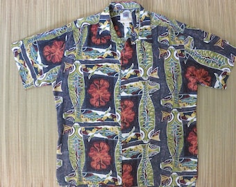 Vintage Hawaiian Shirt 80s KAHALA AVi Collection Mod Rockabilly Koi Fish Pond Aloha Shirt Mens - L - Oahu Lew's Shirt Shack