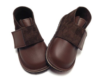 Brown leather and suede handmade leather shoes for children and toddlers. Boys shoes. Boys boots. Children's boots