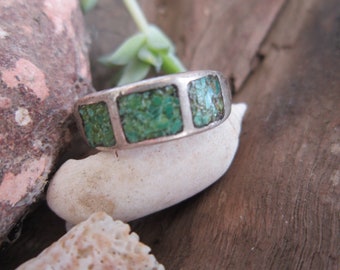 Southwestern Inlaid Turquoise Ring Vintage 1950's Men's Sterling Silver Band Genuine Semi Precious Stone Native American Jewelry