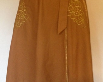 1970s Philippe Salvet Cotton Rust Colored A-Line Wrap Skirt with Gold Embroidery/ Made in France/Never Worn